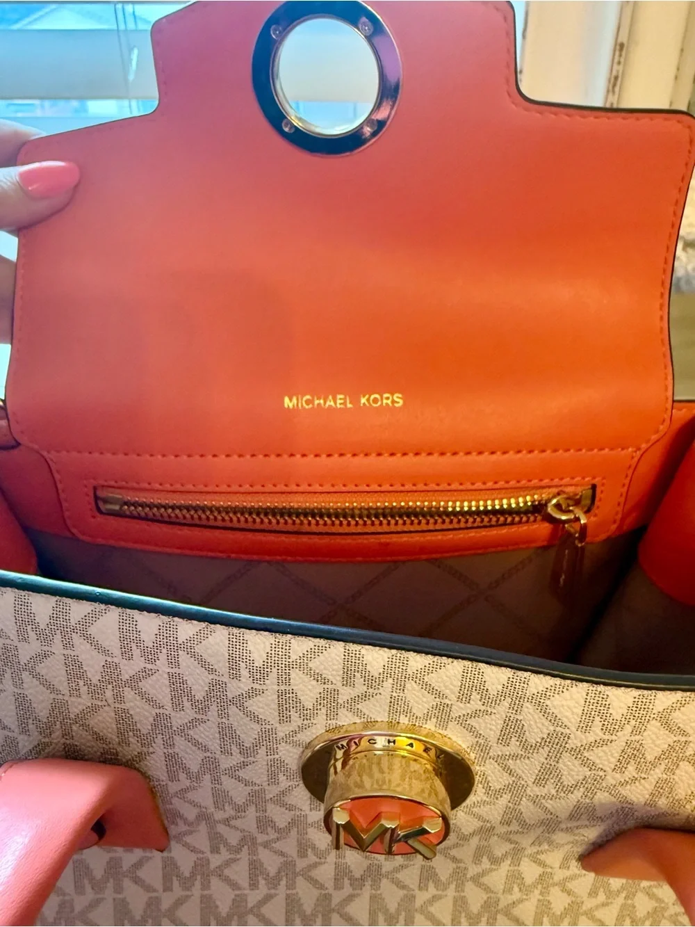 Michael Kors Coral & Beige Signature Satchel with Chain-Trim Strap + Crossbody